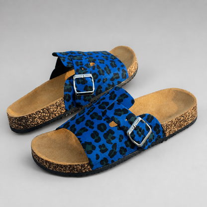 Women's Animal Print Open-Toe Sandals – Adjustable Buckle Straps with Cork Sole