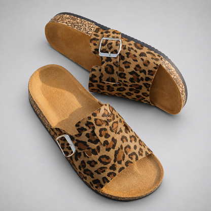 Women's Animal Print Open-Toe Sandals – Adjustable Buckle Straps with Cork Sole