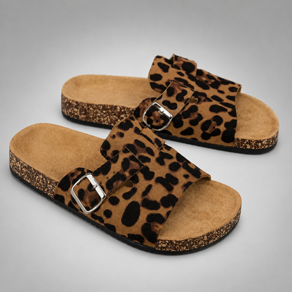 Women's Animal Print Open-Toe Sandals – Adjustable Buckle Straps with Cork Sole
