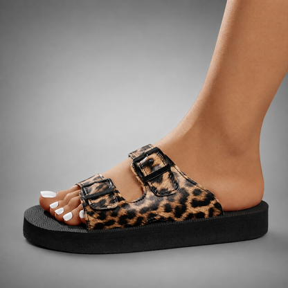 Women's  Leopard Print Flat Sandals – Buckle Closure