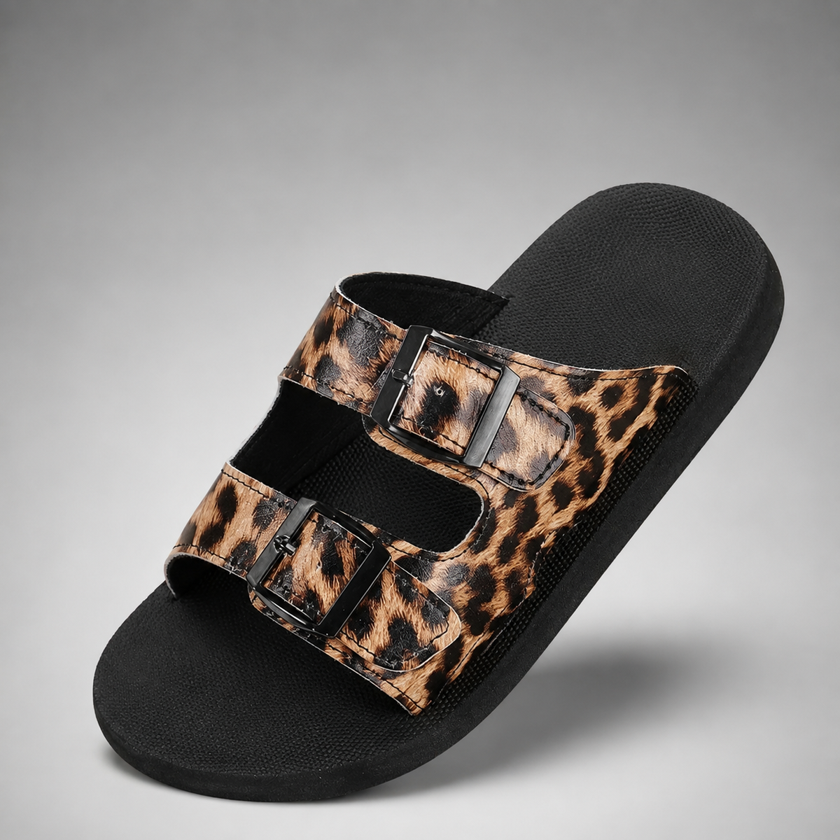 Women's  Leopard Print Flat Sandals – Buckle Closure