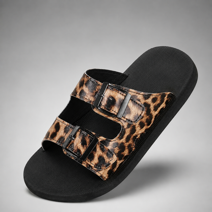 Women's  Leopard Print Flat Sandals – Buckle Closure