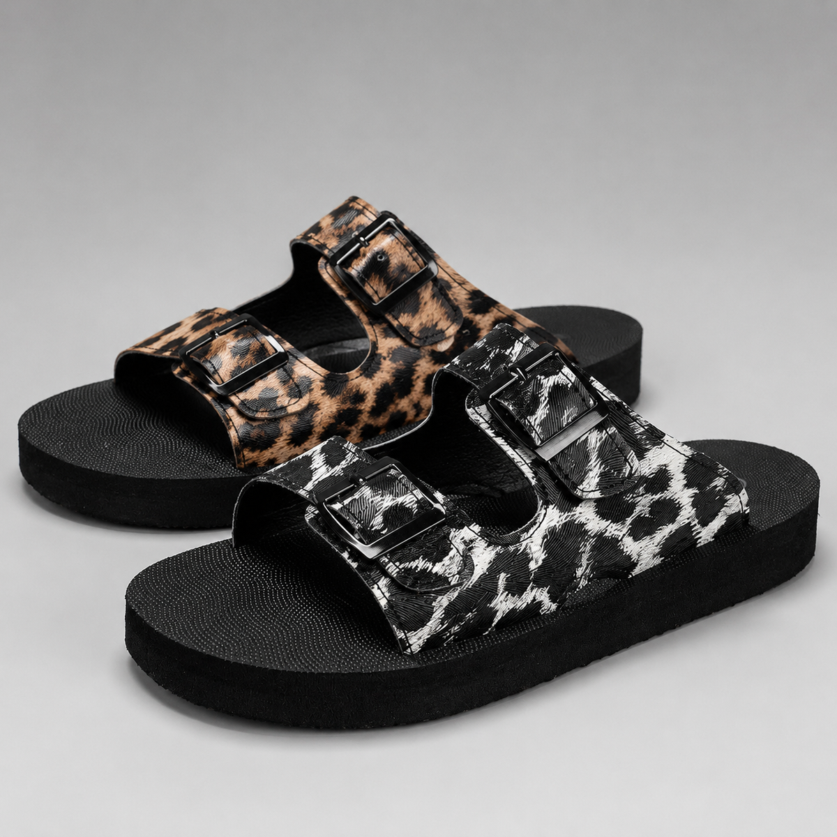 Women's  Leopard Print Flat Sandals – Buckle Closure