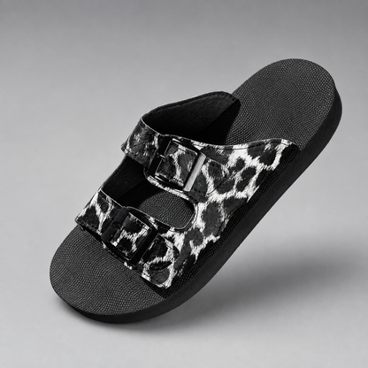 Women's  Leopard Print Flat Sandals – Buckle Closure