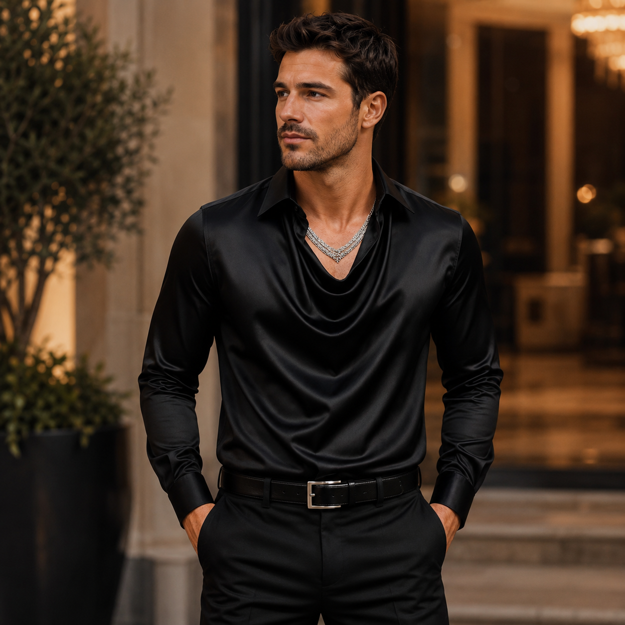 Men's Satin Silk Dress Shirt – Long Sleeve with Turn-Down Collar – Solid Pattern