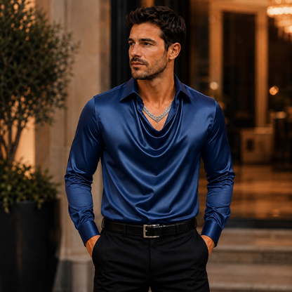 Men's Satin Silk Dress Shirt – Long Sleeve with Turn-Down Collar – Solid Pattern