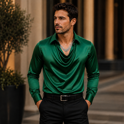 Men's Satin Silk Dress Shirt – Long Sleeve with Turn-Down Collar – Solid Pattern
