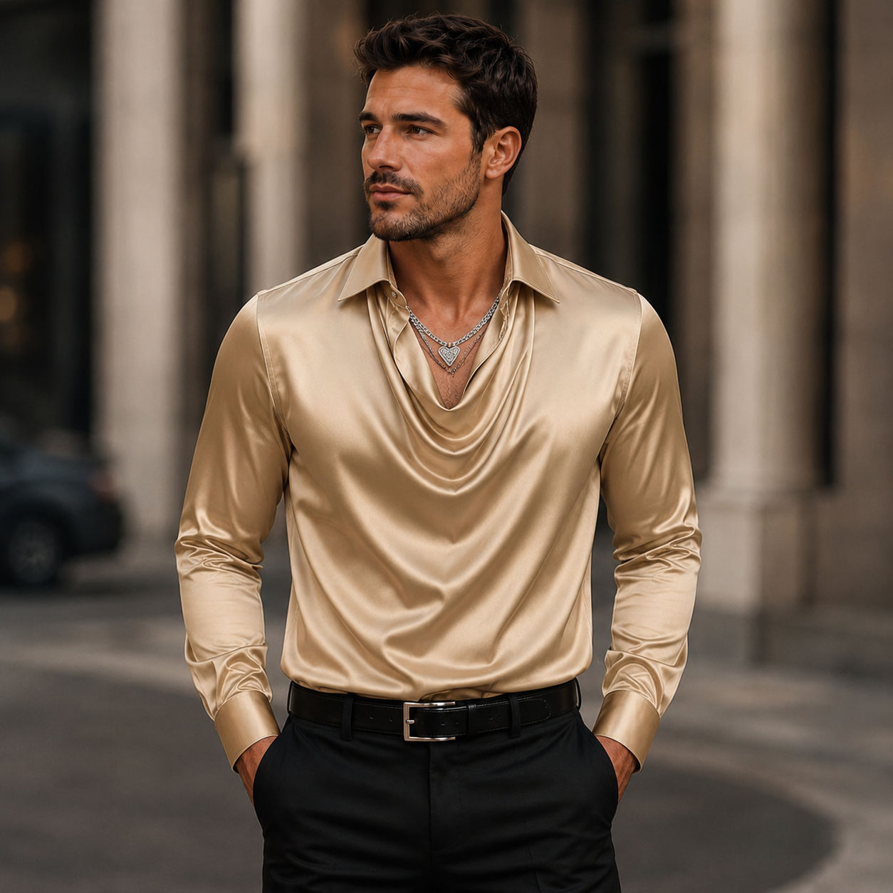 Men's Satin Silk Dress Shirt – Long Sleeve with Turn-Down Collar – Solid Pattern