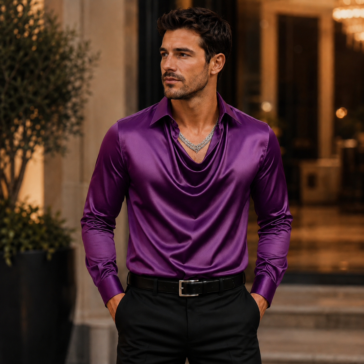Men's Satin Silk Dress Shirt – Long Sleeve with Turn-Down Collar – Solid Pattern