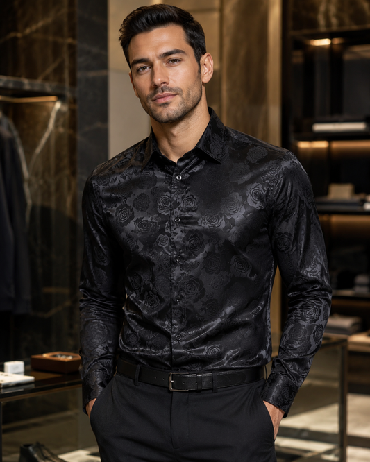 Men's Tailored Long Sleeve Silk Shirt – Black Rose Print with Floral Paisley Design