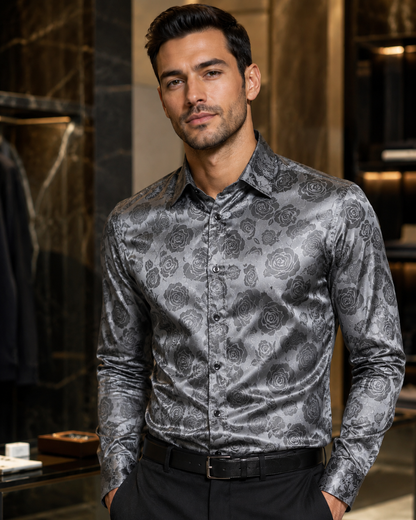 Men's Tailored Long Sleeve Silk Shirt – Black Rose Print with Floral Paisley Design