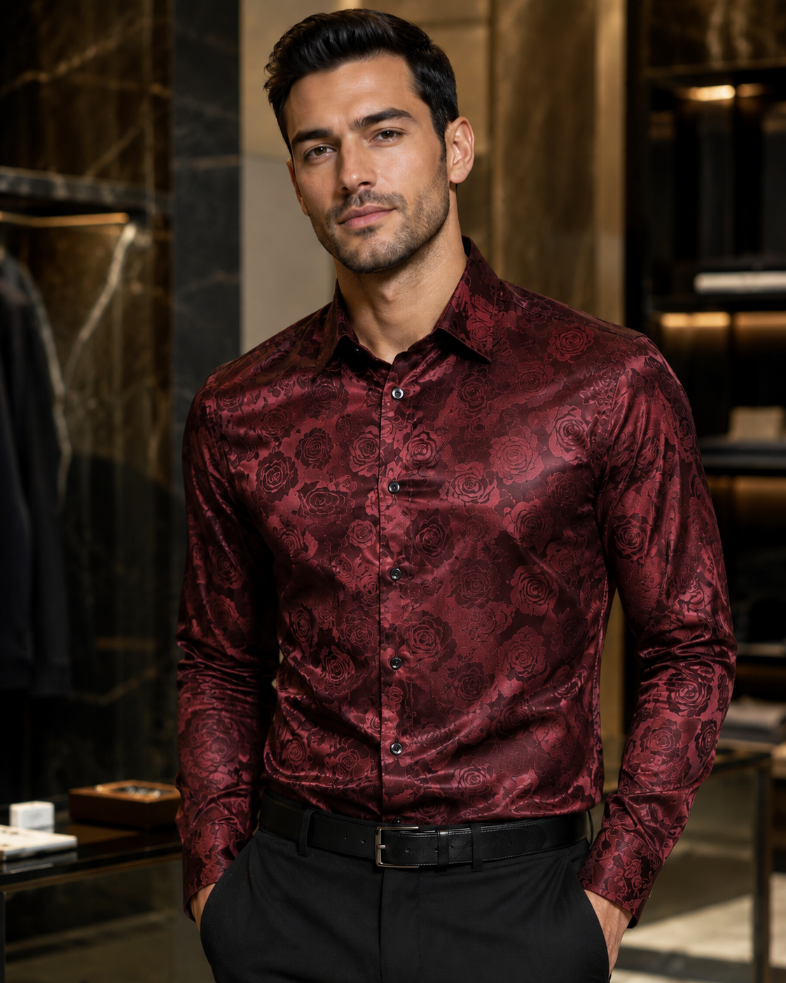 Men's Tailored Long Sleeve Silk Shirt – Black Rose Print with Floral Paisley Design