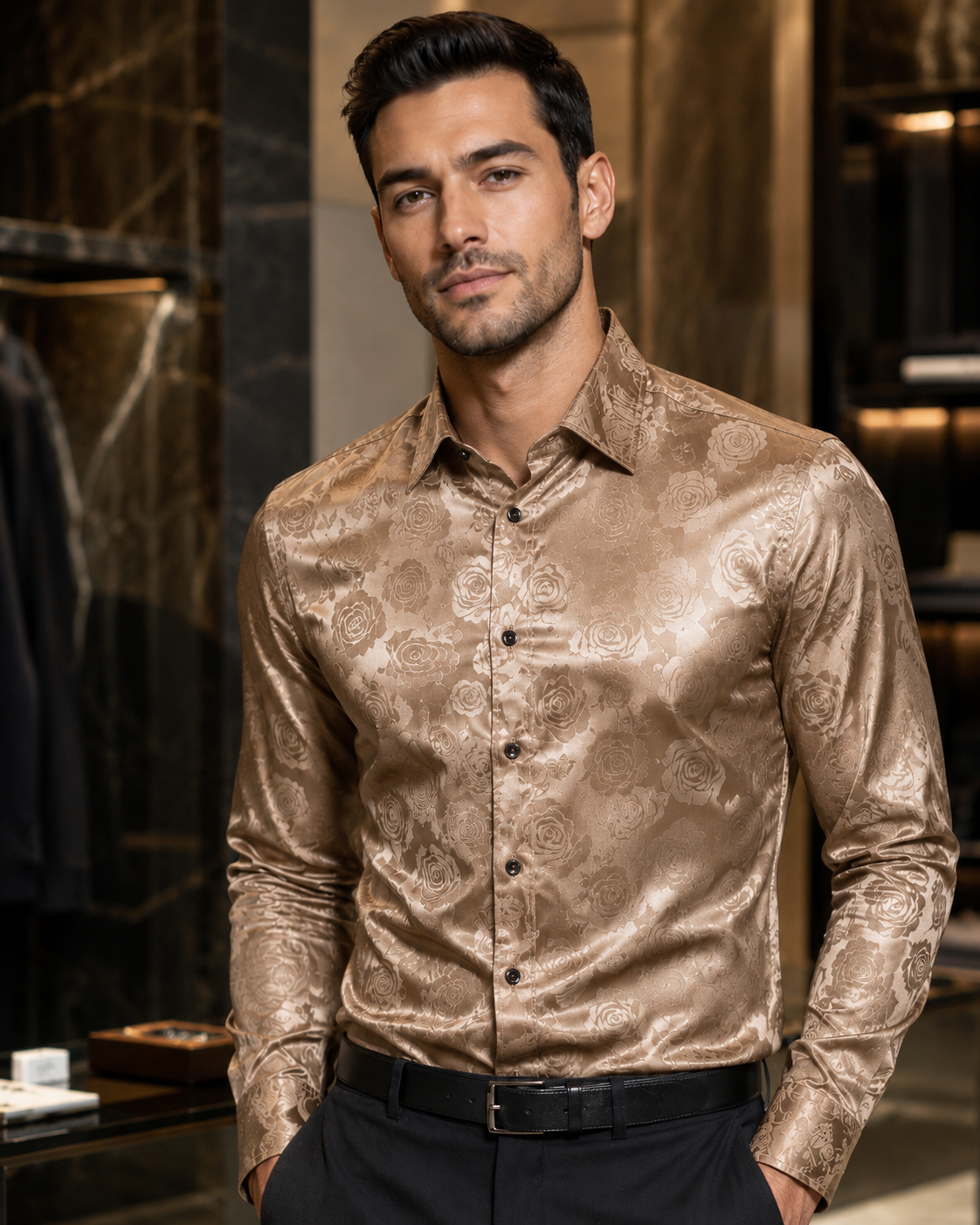 Men's Tailored Long Sleeve Silk Shirt – Black Rose Print with Floral Paisley Design
