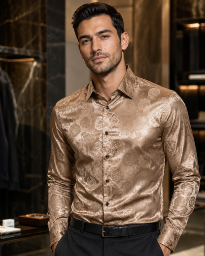 Men's Tailored Long Sleeve Silk Shirt – Black Rose Print with Floral Paisley Design