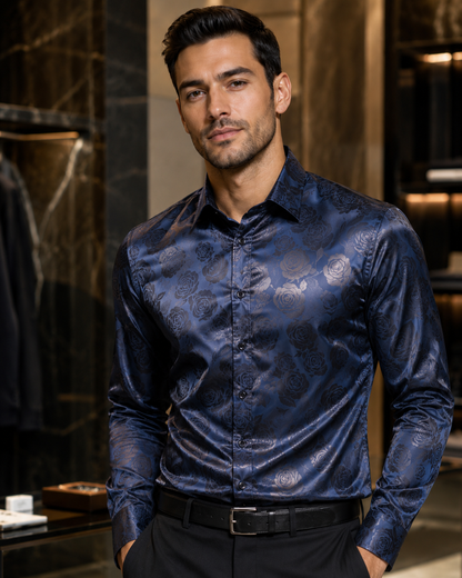 Men's Tailored Long Sleeve Silk Shirt – Black Rose Print with Floral Paisley Design