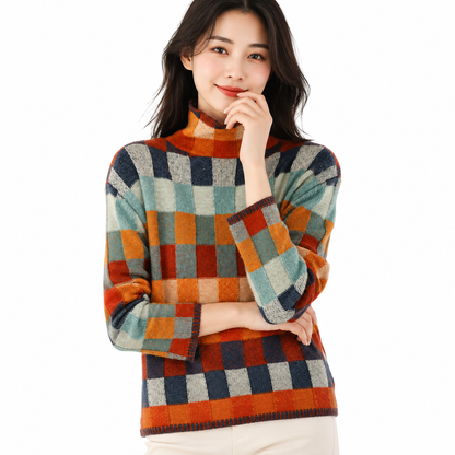 Women's Patchwork Turtleneck Sweater – Unique Design for Winter