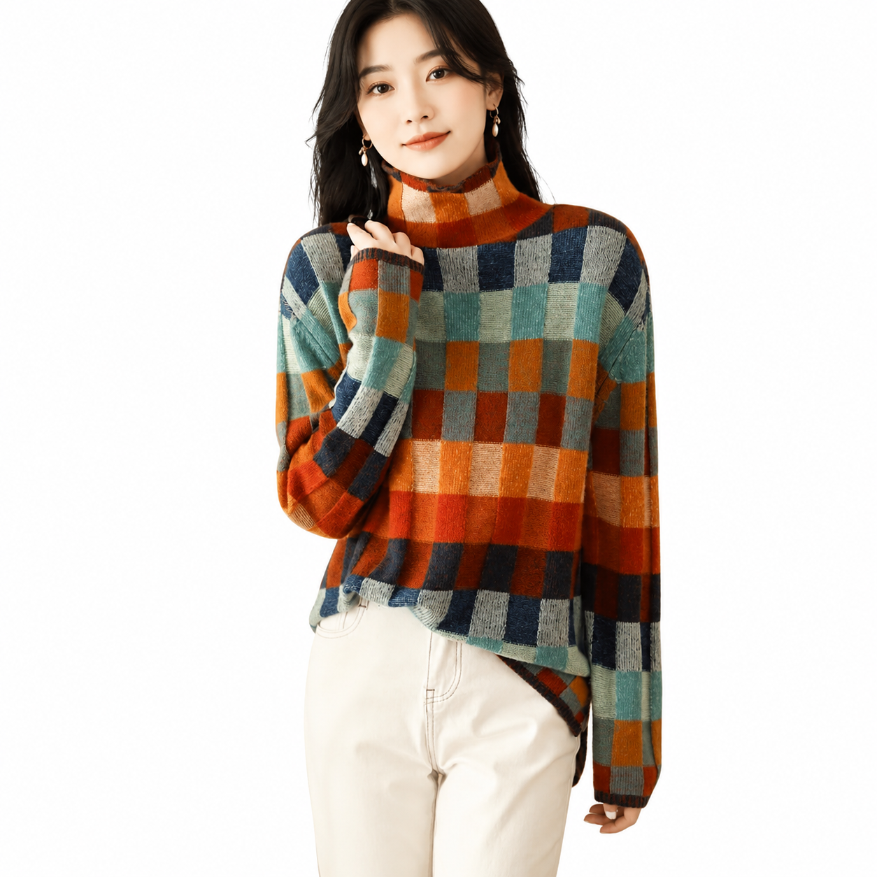 Women's Patchwork Turtleneck Sweater – Unique Design for Winter