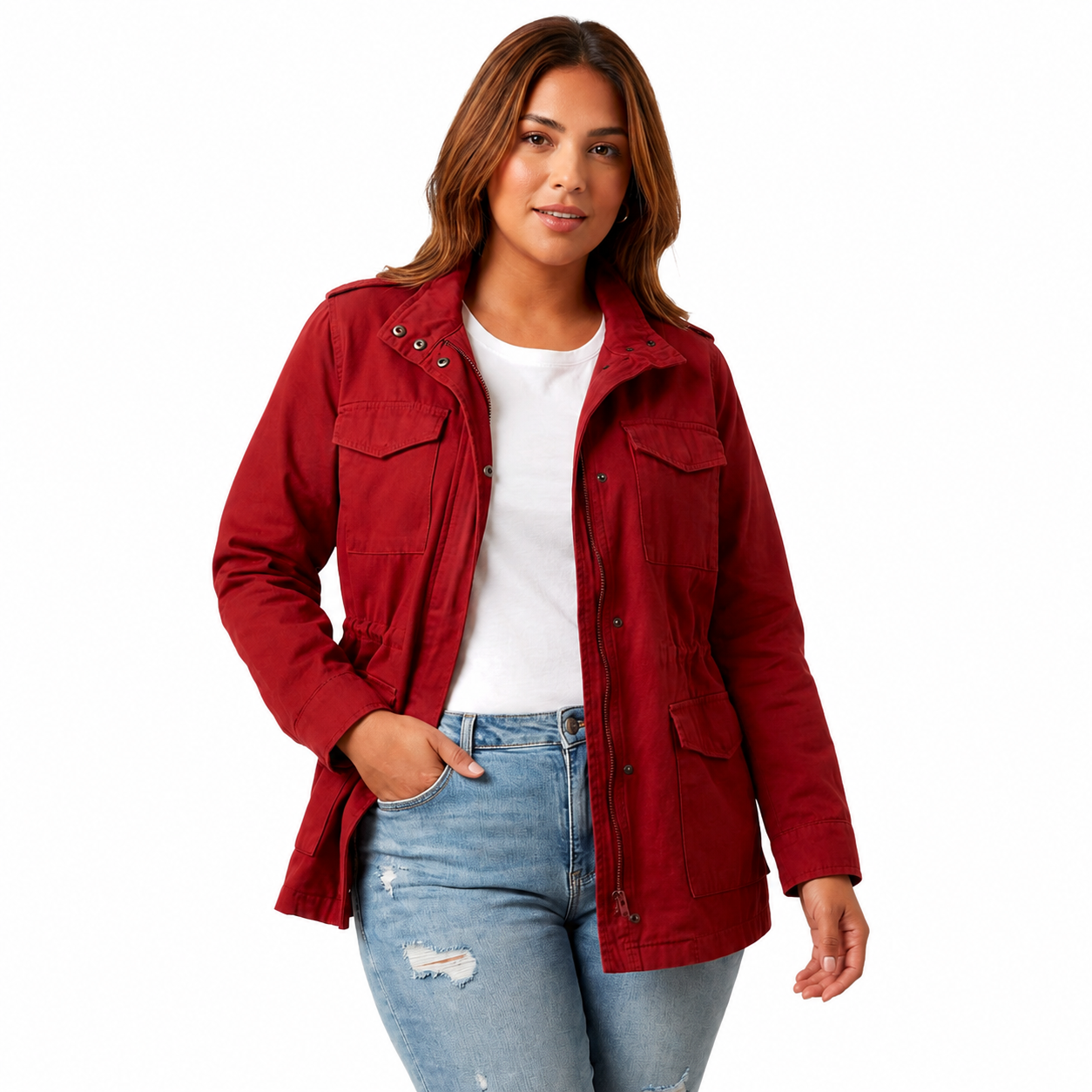 Women's Structured Utility Jacket – Full-Length Zip Closure with Waist Detail and Flap Pockets