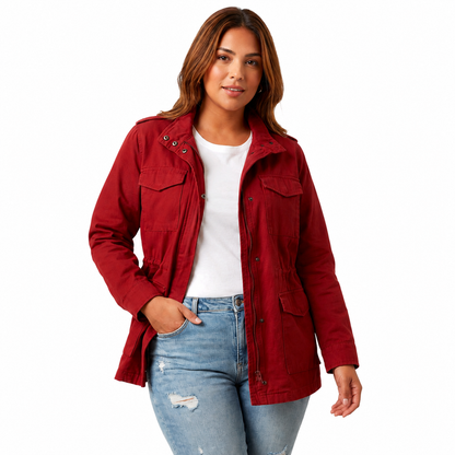 Women's Structured Utility Jacket – Full-Length Zip Closure with Waist Detail and Flap Pockets