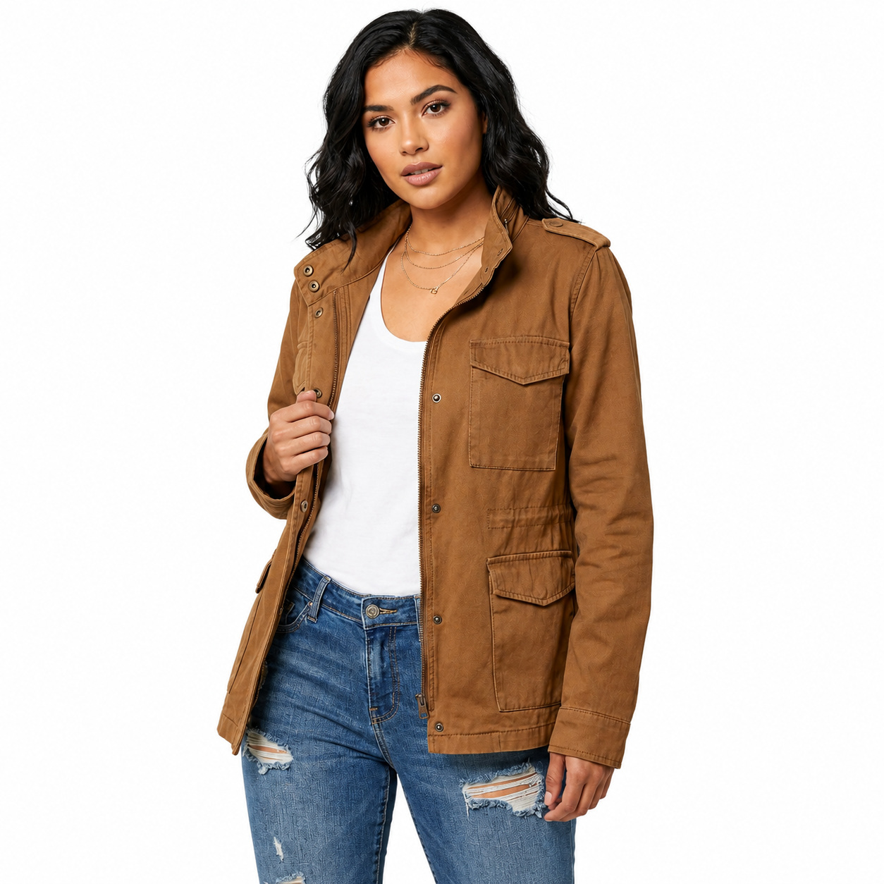 Women's Structured Utility Jacket – Full-Length Zip Closure with Waist Detail and Flap Pockets