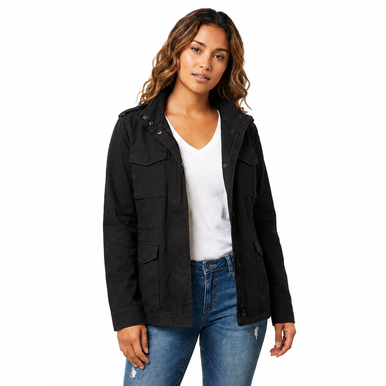 Women's Structured Utility Jacket – Full-Length Zip Closure with Waist Detail and Flap Pockets