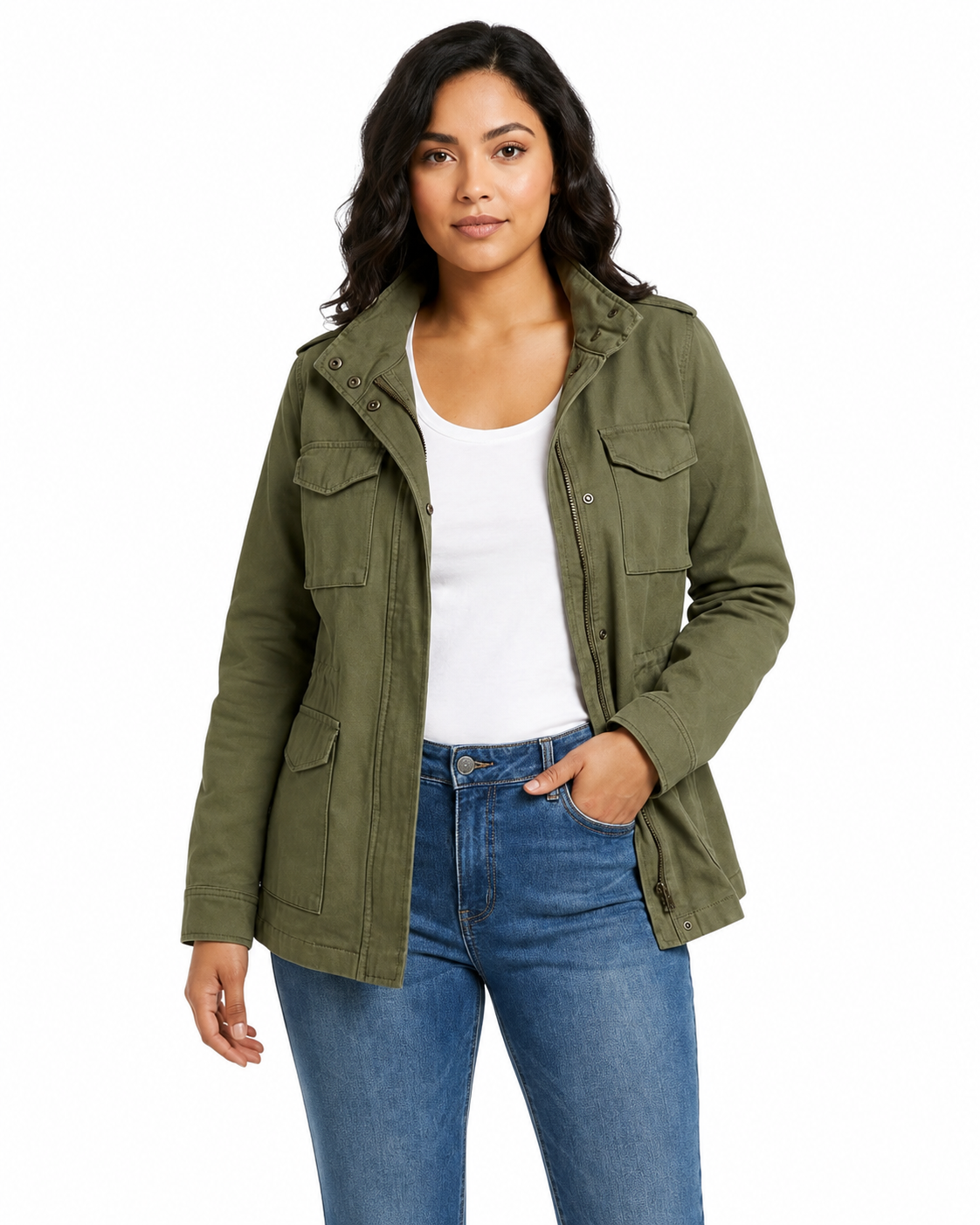 Women's Structured Utility Jacket – Full-Length Zip Closure with Waist Detail and Flap Pockets