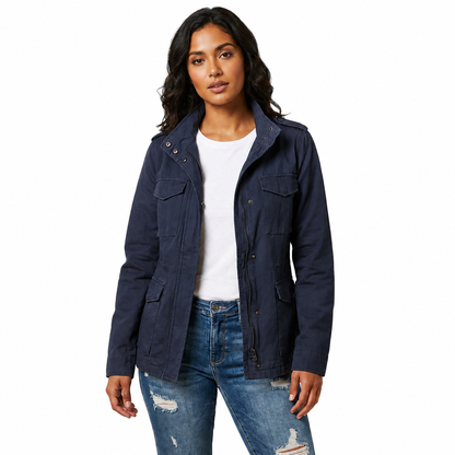 Women's Structured Utility Jacket – Full-Length Zip Closure with Waist Detail and Flap Pockets