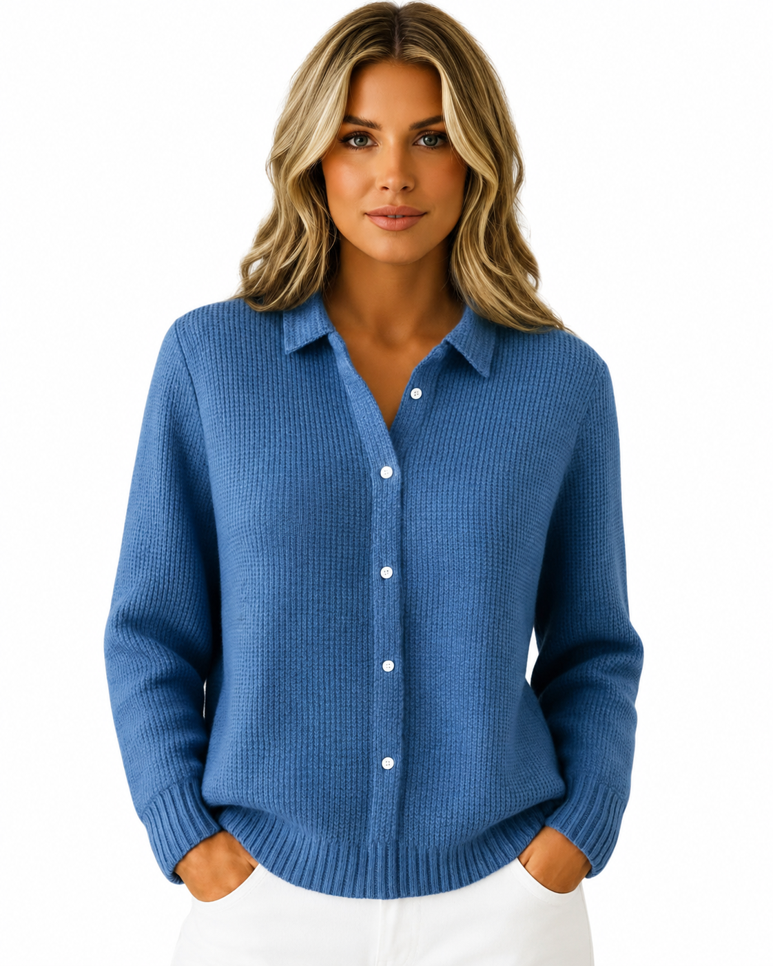 Women's Cotton Blend Knitted Cardigan – Refined Collar, Gently Tailored Fit