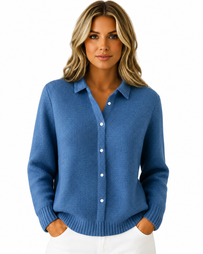 Women's Cotton Blend Knitted Cardigan – Refined Collar, Gently Tailored Fit