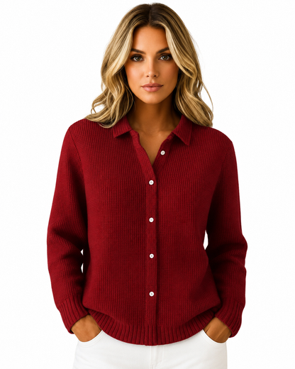 Women's Cotton Blend Knitted Cardigan – Refined Collar, Gently Tailored Fit