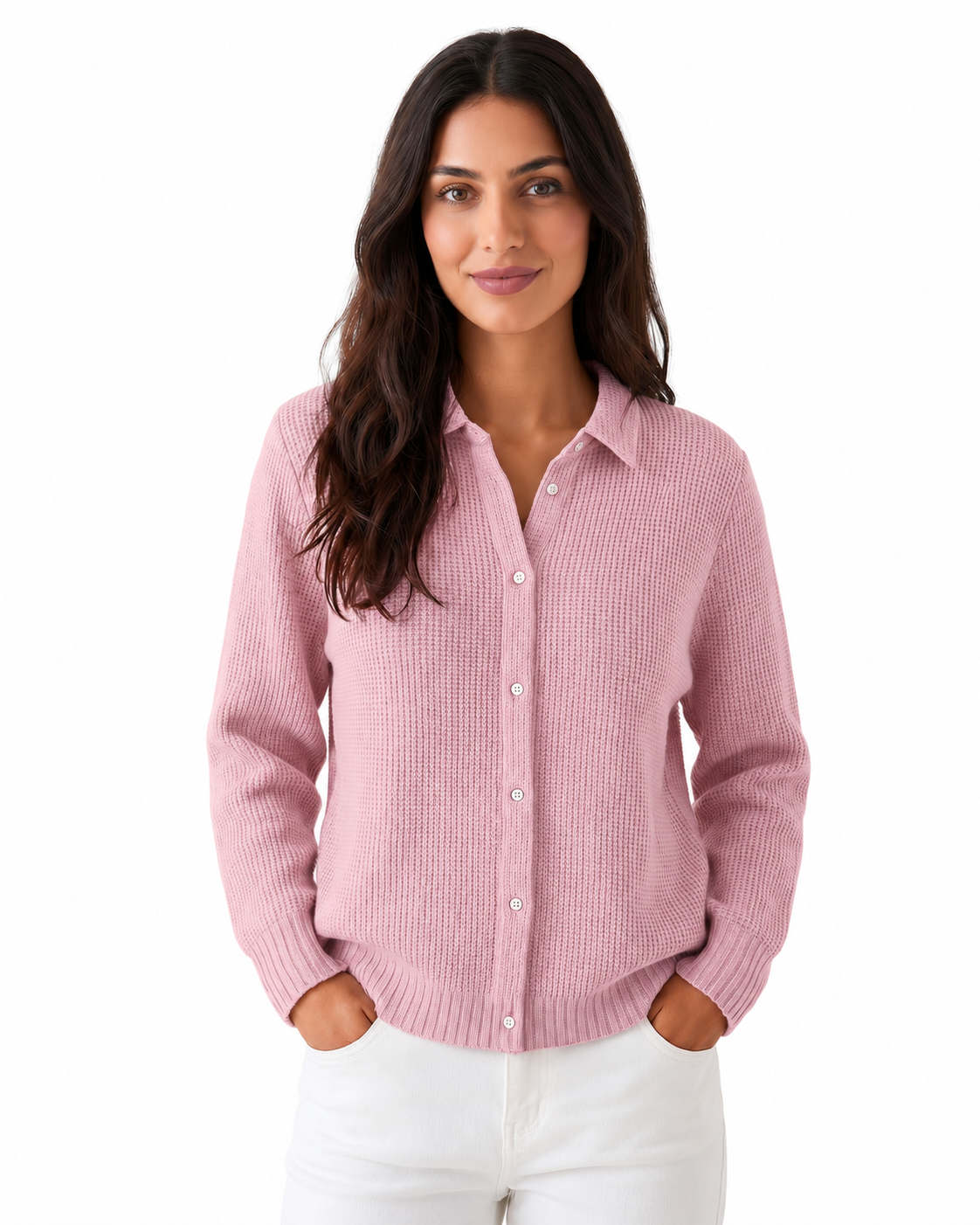 Women's Cotton Blend Knitted Cardigan – Refined Collar, Gently Tailored Fit