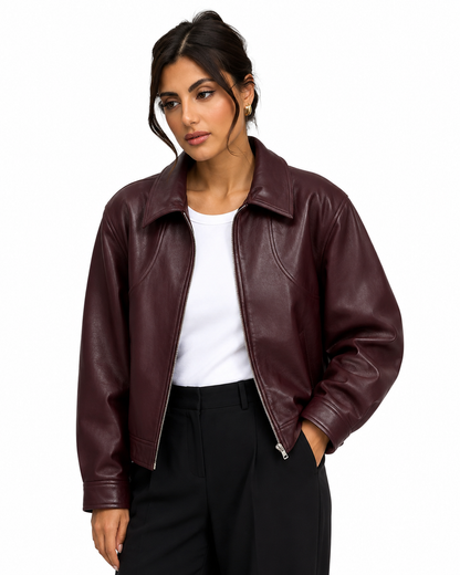 Women's Burgundy Faux Leather Jacket – Vintage Style