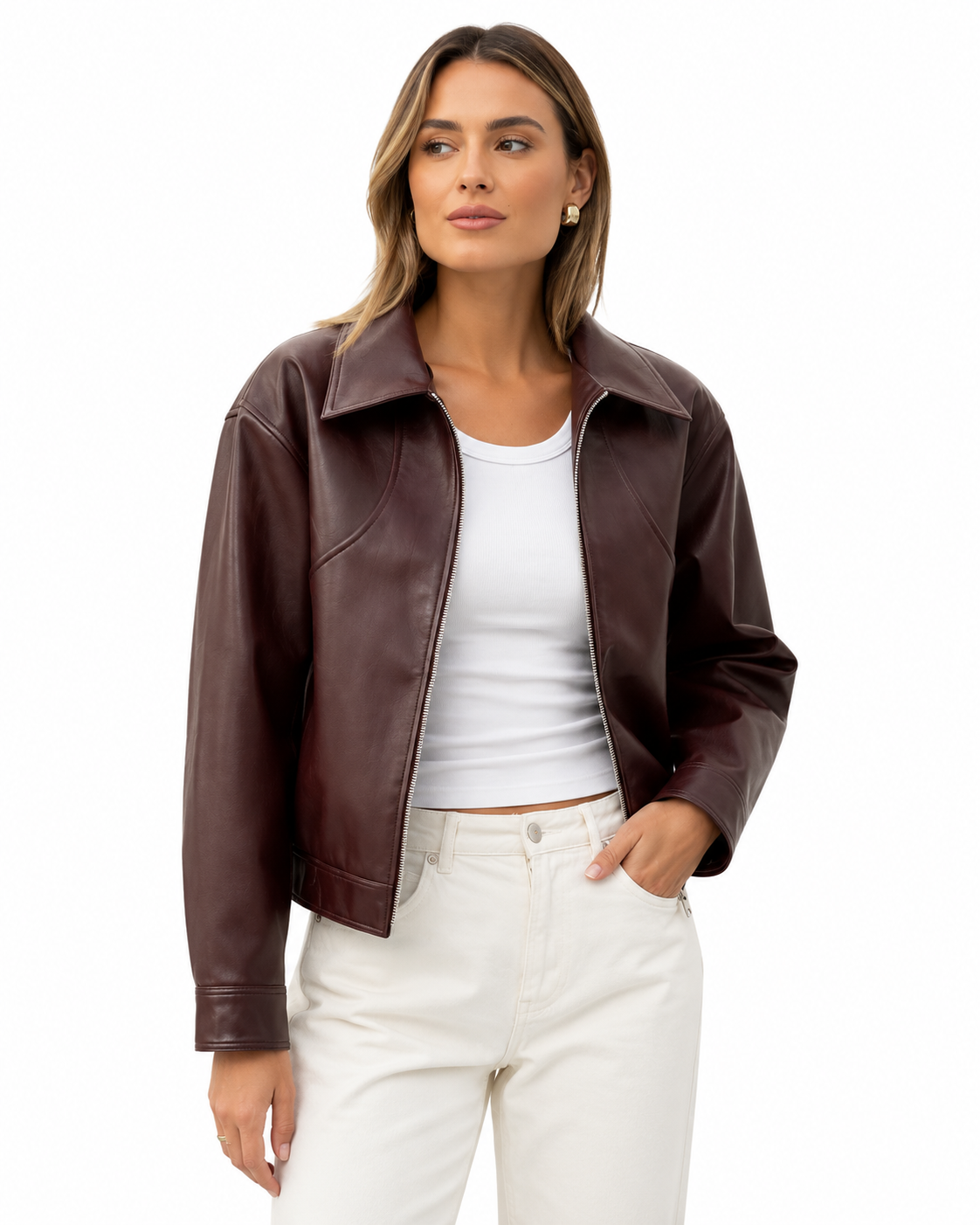 Women's Burgundy Faux Leather Jacket – Vintage Style