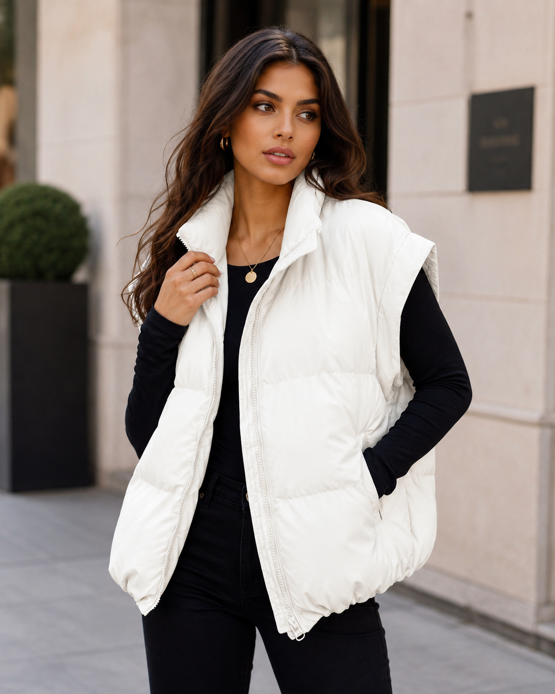 Women's Black Puffer Vest – Quilted Design with Stand Collar