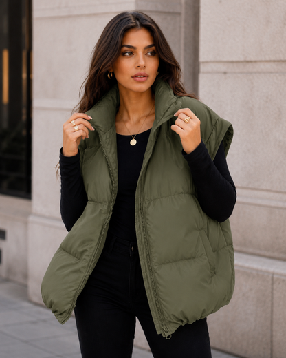 Women's Black Puffer Vest – Quilted Design with Stand Collar