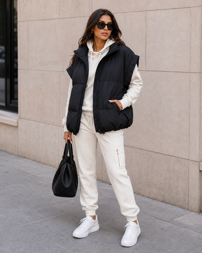Women's Black Puffer Vest – Quilted Design with Stand Collar
