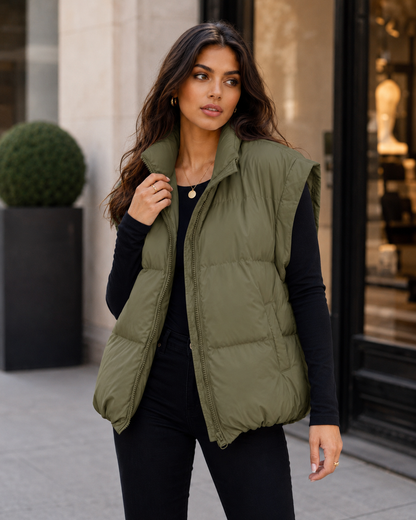 Women's Black Puffer Vest – Quilted Design with Stand Collar