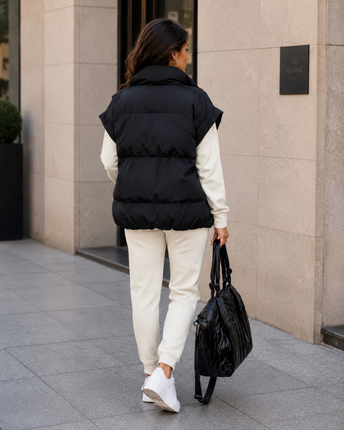 Women's Black Puffer Vest – Quilted Design with Stand Collar