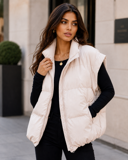 Women's Black Puffer Vest – Quilted Design with Stand Collar