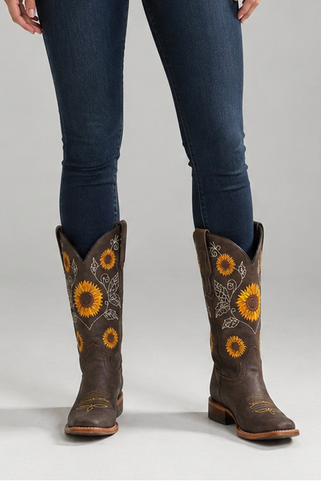 Women's Leather Cowgirl Boots – Floral Embroidery With Low Block Heel