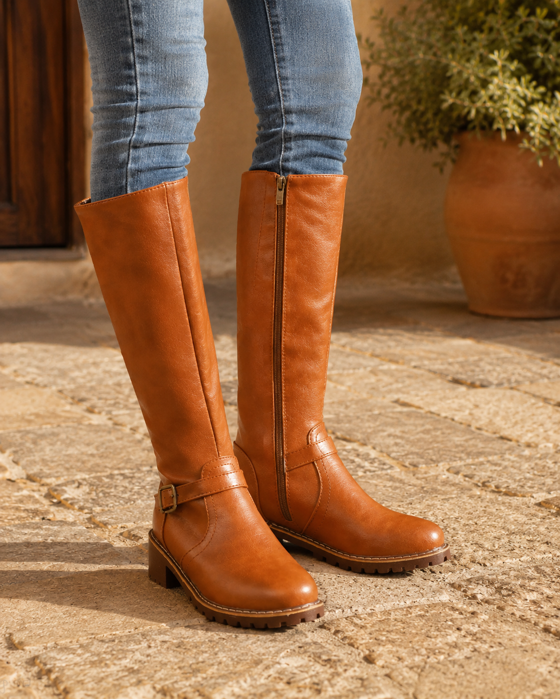 Women's Leather Boots Cowboy Inspired  – Knee High with Zipper Closure