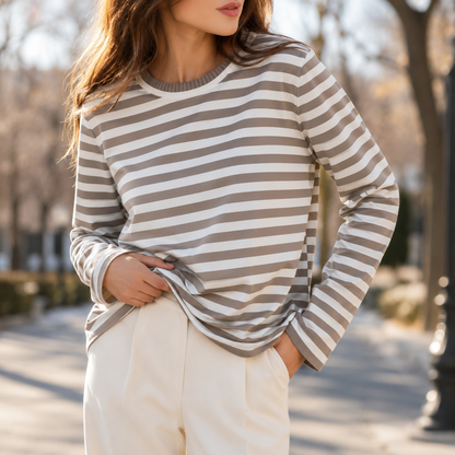 Women's Cotton Blend Striped Long Sleeve T-Shirt – Relaxed Fit, Crew Neck
