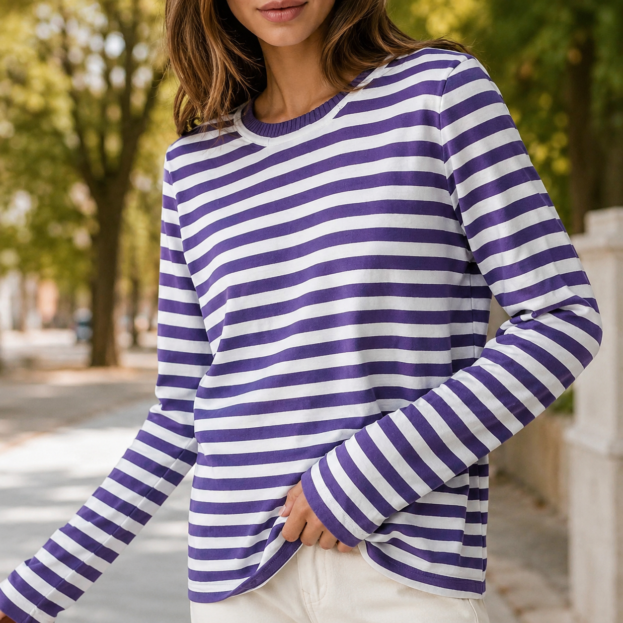 Women's Cotton Blend Striped Long Sleeve T-Shirt – Relaxed Fit, Crew Neck