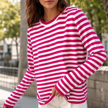 Women's Cotton Blend Striped Long Sleeve T-Shirt – Relaxed Fit, Crew Neck