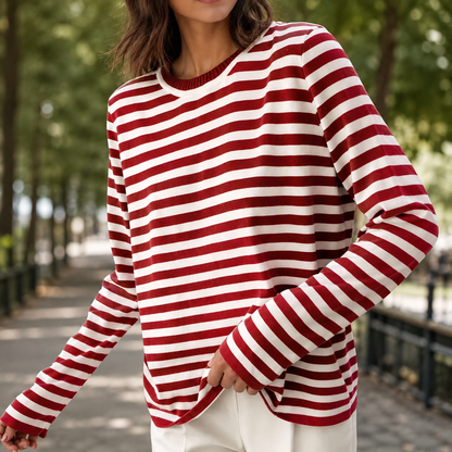 Women's Cotton Blend Striped Long Sleeve T-Shirt – Relaxed Fit, Crew Neck