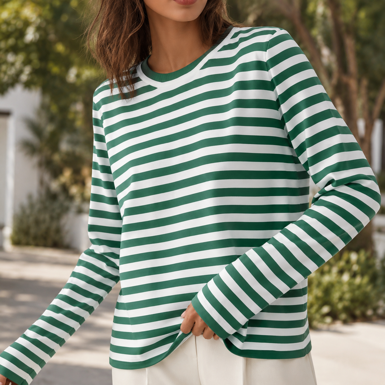 Women's Cotton Blend Striped Long Sleeve T-Shirt – Relaxed Fit, Crew Neck