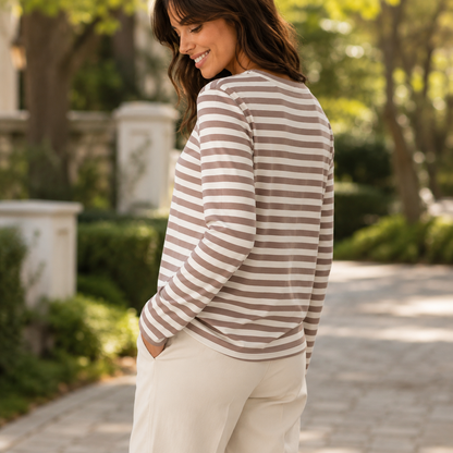 Women's Cotton Blend Striped Long Sleeve T-Shirt – Relaxed Fit, Crew Neck