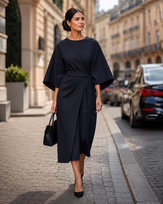 Women's Midi Wrap Dress – Belted with Batwing Sleeves