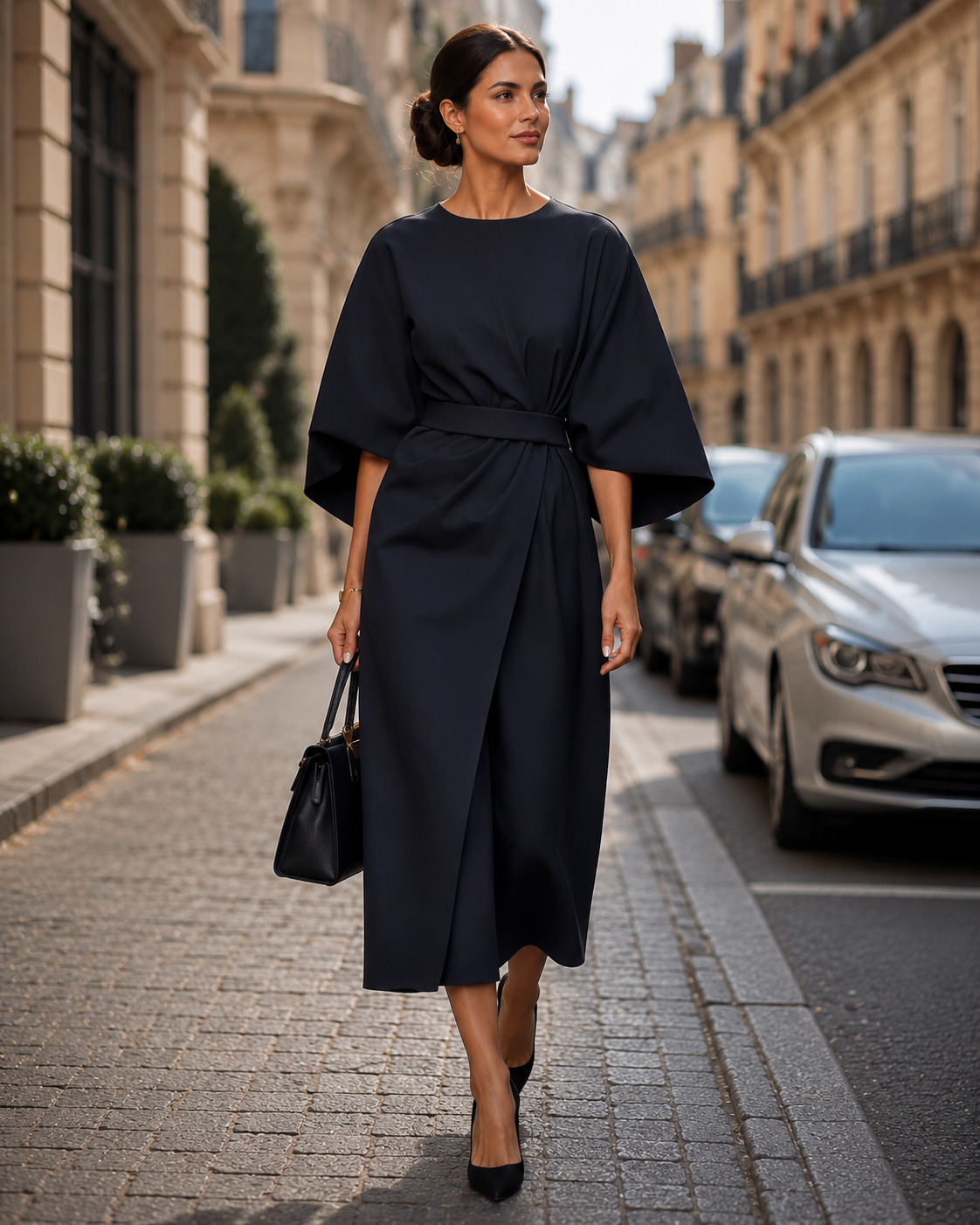 Women's Midi Wrap Dress – Belted with Batwing Sleeves
