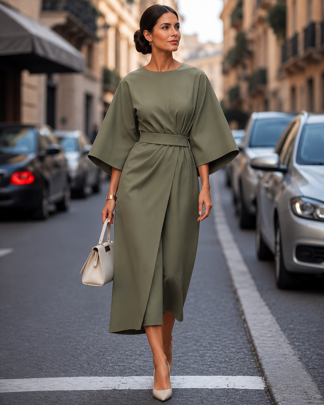 Women's Midi Wrap Dress – Belted with Batwing Sleeves
